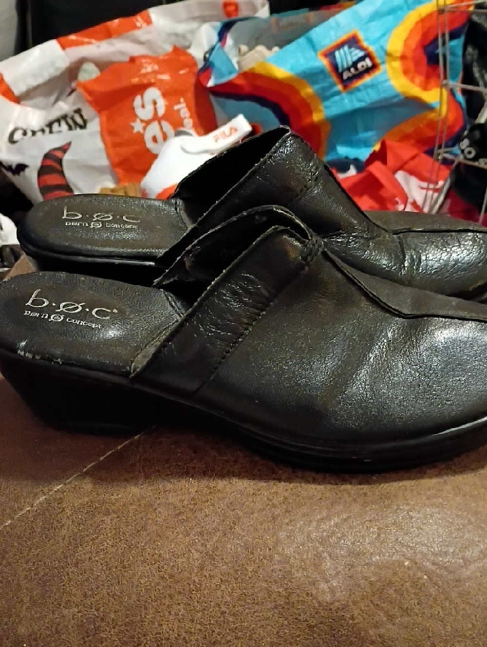 b.o.c. Black Leather Slip-On Mule Clogs for Women